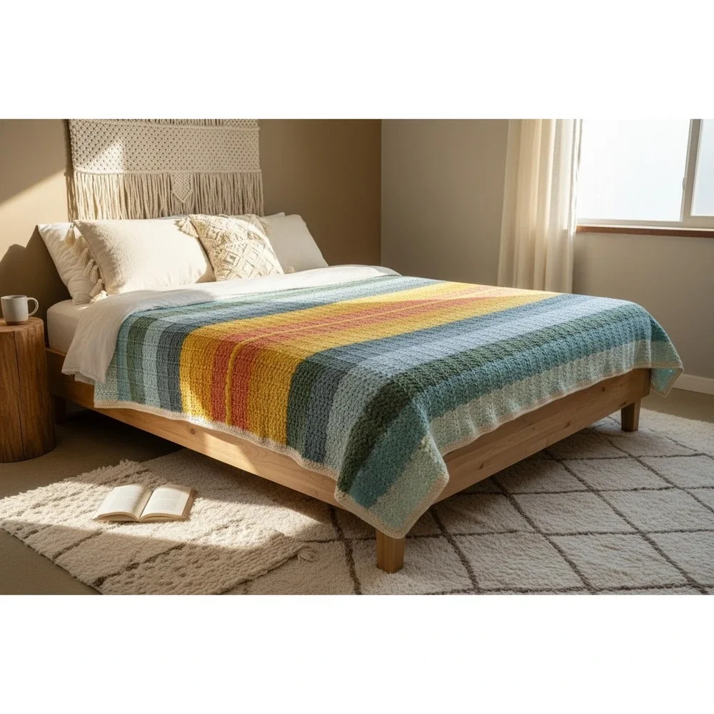 Handmade Rainbow Crochet Afghan Blanket 92x78 Oversized Boho Bedspread